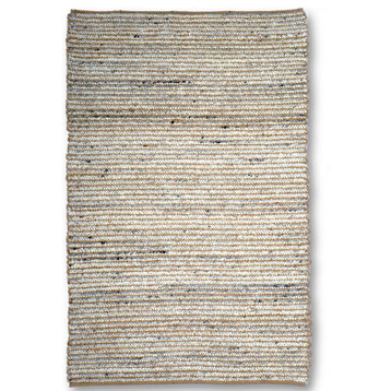 Hand Woven Ivory & Blue Wool + Jute Striped Loop Rug by Tufty Home, 2.5x9