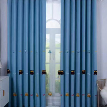 QY24H06C Fashion Children Embroidered Car Grey Yellow Blue Custom Made Curtains