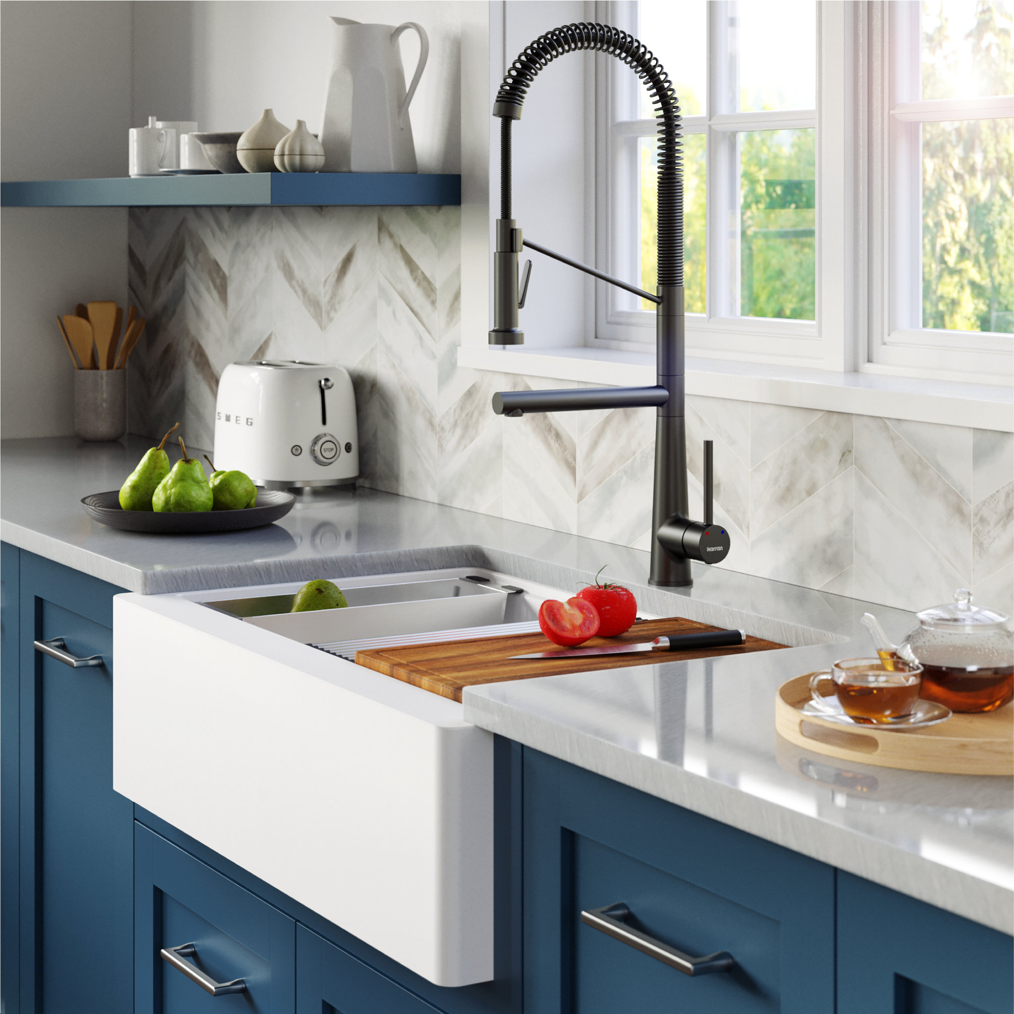 Karran 34" Quartz Farmhouse Single Bowl Workstation Kitchen Sink, White