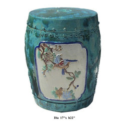 Chinese Relief Scenery Motif Round Ceramic Clay Stool - Outdoor Decor