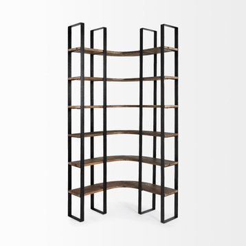 HomeRoots Curved Dark Brown Wood And Black Iron 6 Shelving Unit