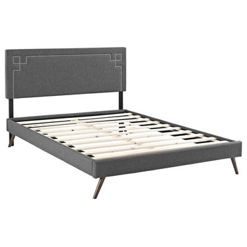 Ruthie Queen Platform Bed with Round Splayed Legs, Gray Polyester Upholstery