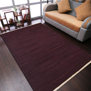 HAND WOVEN FLAT WEAVE KILIM WOOL ECO-FRIENDLY AREA RUGS, Rectangle, Plum, Solid,