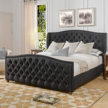Contemporary King Size Bed Frame, Polyester Upholstery With Button Tufting