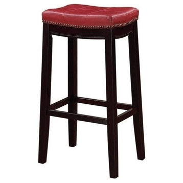 Pemberly Row 32" Transitional Wood/Faux Leather Bar Stool in Red