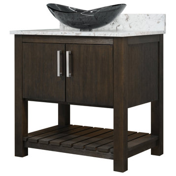 30" Vanity, Mocha Quartz Top and Sink, Brushed Nickel, Without Mirror