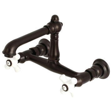 Bathroom Faucet, Wall Mount Design With Cross White Handles, Oil Rubbed Bronze