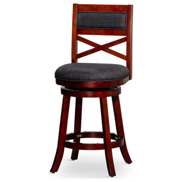 DTY Indoor Living Meeker X Back Swivel Stool, 24" Counter Stool, Cherry, Charcoal Fabric