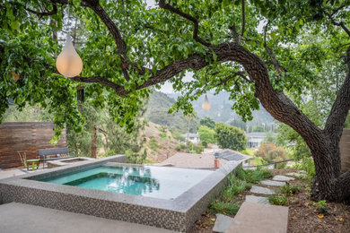 Example of a mid-sized minimalist backyard tile and custom-shaped infinity hot tub design in Los Angeles