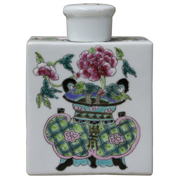 Chinese Colorful Painting Flower In Vase Rectangular Porcelain Tea Jar hn227