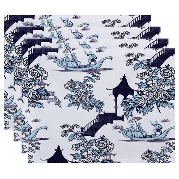 18"x14" China Old Floral Print Placemats, Set of 4, Navy Blue