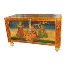 Mogul Interior - Consigned Antique Ganesha Hand Painted Trunk Sideboard Coffee Table Furniture - Decorative Trunks