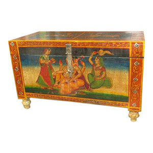 Mogul Interior - Consigned Antique Ganesha Hand Painted Trunk Sideboard Coffee Table Furniture - Decorative Trunks