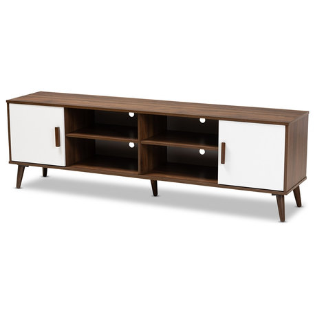 Mid-Century Modern 2-Tone White and Walnut Finished 2-Door Wood TV Stand