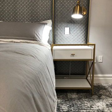 Custom Grey patterned Upholstered Headboard with gold trim