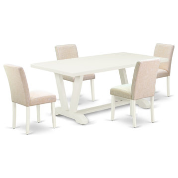 5-Piece Set, 4 Padded Chairs and Wood Table, Linen White