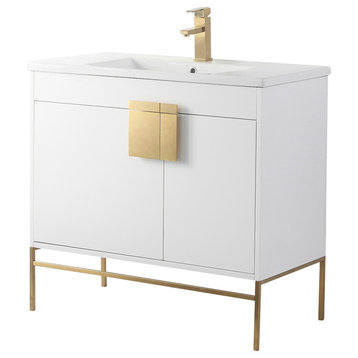 Modern White Bathroom Vanity Set, Satin Brass Hardware, Vireous China Sink Top