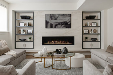 Living room - large transitional open concept light wood floor living room idea in Toronto with white walls, a ribbon fireplace, a stone fireplace and a wall-mounted tv