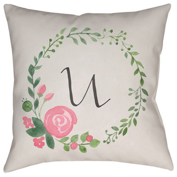 Initials II by Surya 'U' Pillow, Beige/Pink/Green, 18' x 18'