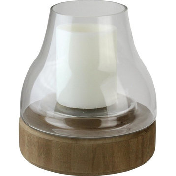 10.25" Transparent Glass Pillar Candle Holder With Wooden Base
