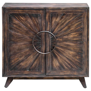 Mid Century Modern Sunburst Console Table Cabinet, Bronze Black Circle Wood