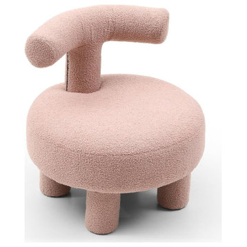 Unique Ottoman Chair, Teddy Fabric Upholstered Seat With Curved Backrest, Pink