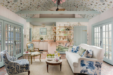 Mid-sized trendy open concept wallpaper ceiling living room photo in Philadelphia with a bar