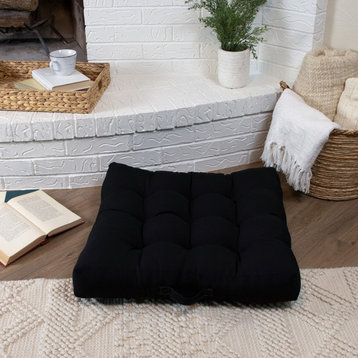 Sorra Home Sunbrella Canvas Black Square Floor Pillow With handle 24x24x5"
