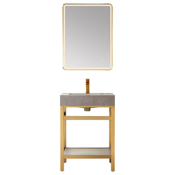 Funes Bath Vanity with Mirror, Brushed Gold Support, 24'', Grey Stone Top