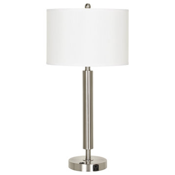 Benzara BM233289 Metal Table Lamp With Fabric Drum Shade, White and Silver