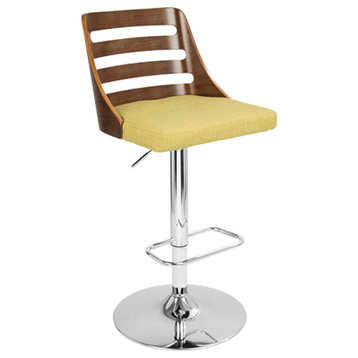 Trevi Mid-Century Modern Adjustable Barstool With Swivel, Walnut/Green