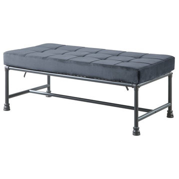 Industrial Accent Bench, Pipe Sandy Gray Metal Frame & Tufted Gray Velvet Seat