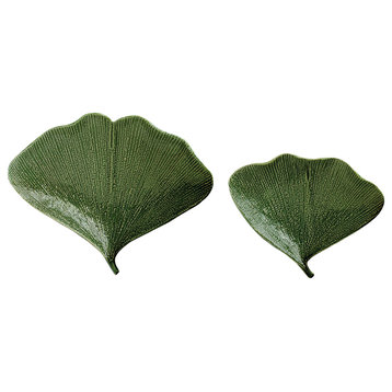 Boho Stoneware Gingko Leaf Shaped Plates, Set of 2 Sizes, Green