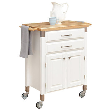 Contemporary Kitchen Cart, 2 Storage Drawers With 2 Doors Cabinet, White Finish
