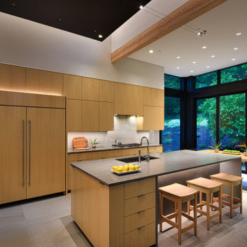 Kitchen Design Renovation Ash Wood Built In Waterfall Cement Island
