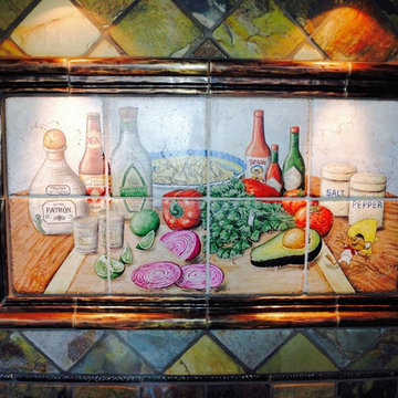 "Shots and Salsa Mexican Happy Hour" hand painted tiles kitchen backsplash