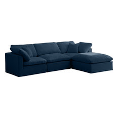 Plush Velvet Down Fill Cloud Modular 4-Seat Sectional and Ottoman, Navy, Seating