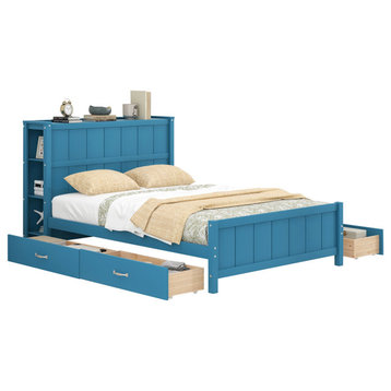 Full Size Platform Bed with Drawers and Storage Shelves(No mattress), Blue