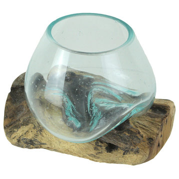 Blown Molten Glass On Teak Driftwood Decorative Bowl / Mini Terrarium