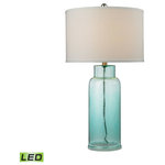 Elk Home - 30" Glass Bottle LED Table Lamp, Seafoam Green - This casual piece of mouth blown glass is hot sprayed in a relaxed and cool Seafoam green. It is finished with a crisp white linen shade. It will be sure to make a statement in any relaxed or coastal home.