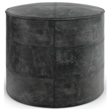 Simpli Home Connor Boho Round Pouf in Distressed Black Genuine Leather