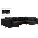 Meridian Furniture - Tremblay Velvet Upholstered 6-Piece Modular U-Shaped Sectional, Black - Lean back and relax on this Tremblay sectional. Featuring soft black velvet upholstery with deep button tufting, this sectional adds a bold touch to any living space. A complete set of gold and chrome legs are included, so you can change it up to suit your home decor. This sectional is modular, so you can create infinite configurations with it, which are easily attached using the latch underneath the frame. Its contemporary design is perfect for the modern home.