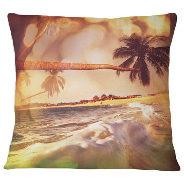 Tropical Beach with Bent Coconut Palms Modern Beach Throw Pillow, 18"x18"
