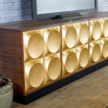 Walnut and Gold Credenza. Modern Credenza, Mid Century Style. Regency, TV Stand