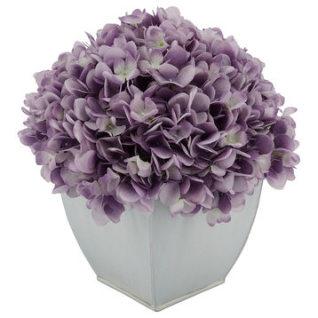 Artificial Hydrangea in Cream Tapered Zinc Cube, Lavender