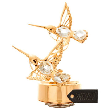 24K Gold Plated Music Box With Two Crystal Studded Hummingbirds Figurine