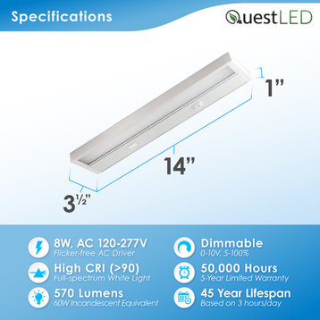 LED Under Cabinet Lighting Fixture- Edge Lit- Dimmable 10W 750 Lumens, 3000k, 14