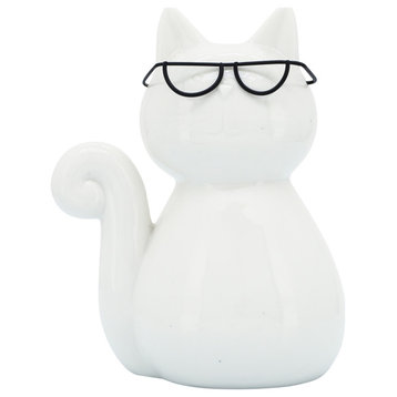 Porcelain, 8"H Cat With Glasses, White