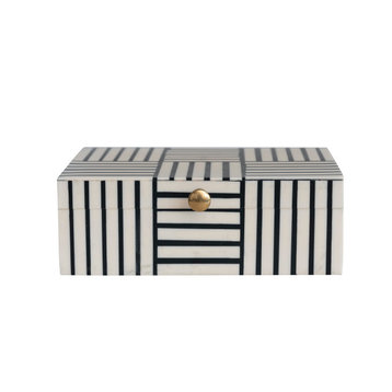 Modern Resin Box with Striped Block Pattern and Gold Clasp, Black and White