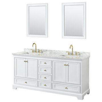 Deborah 72" Double Vanity, White, Top, Square Brushed Gold Trim, 24" Mirrors